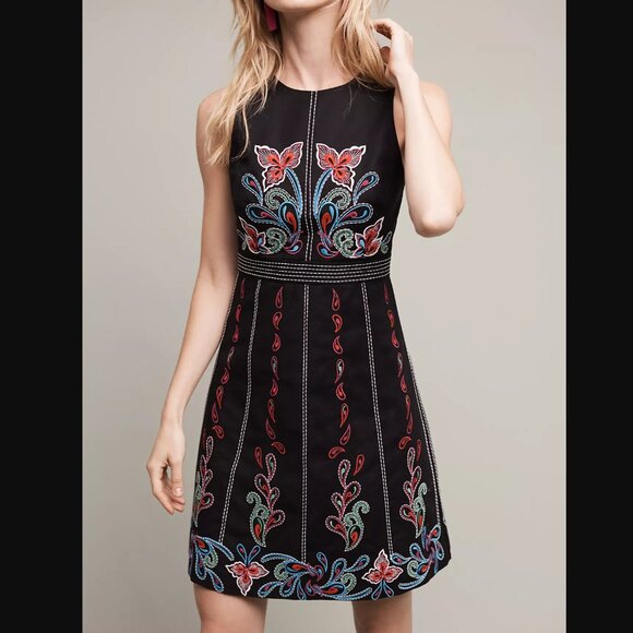 Maeve Women's Size 0 Chennai Dress ~ Black Embroidered Sheath Anthropologie Boho - Picture 1 of 11